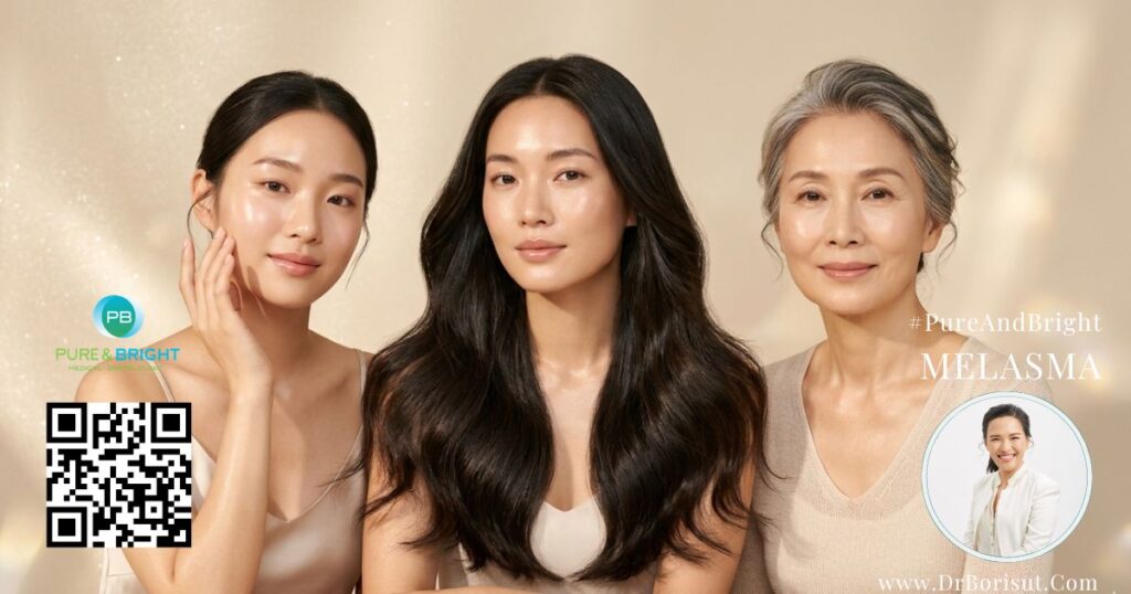 สามโมเดลเอเชียแสดงถึงการดูแลผิว ผม และ longevity ในโทนสีขาวมินิมอล สื่อถึงการฟื้นฟูระดับเซลล์ทางการแพทย์