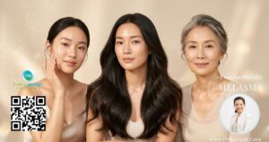 สามโมเดลเอเชียแสดงถึงการดูแลผิว ผม และ longevity ในโทนสีขาวมินิมอล สื่อถึงการฟื้นฟูระดับเซลล์ทางการแพทย์