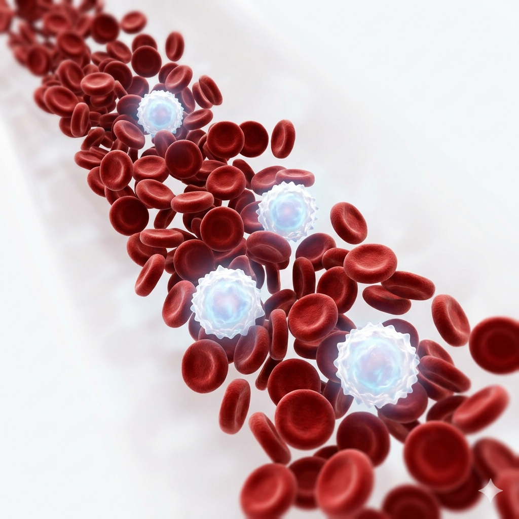 ภาพเซลล์ในกระแสเลือดที่มีเซลล์ต้นกำเนิดหมุนเวียนอยู่ในระบบไหลเวียนโลหิต