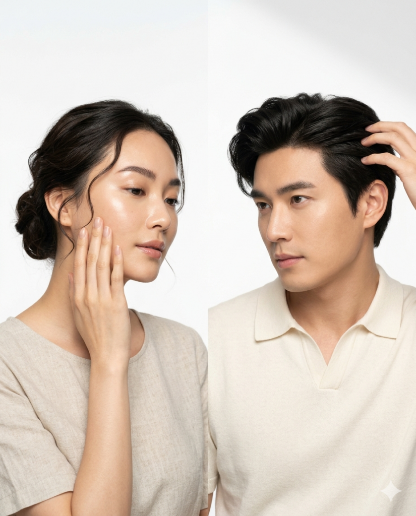 ภาพโมเดลเอเชียในบรรยากาศคลินิกโทนขาว สื่อถึงการดูแลสุขภาพ ผิว และผมแบบเฉพาะบุคคลโดยแพทย์